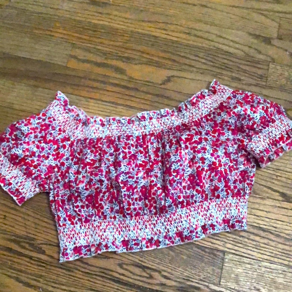 Jcrew red flowered crop top with white stitching.
